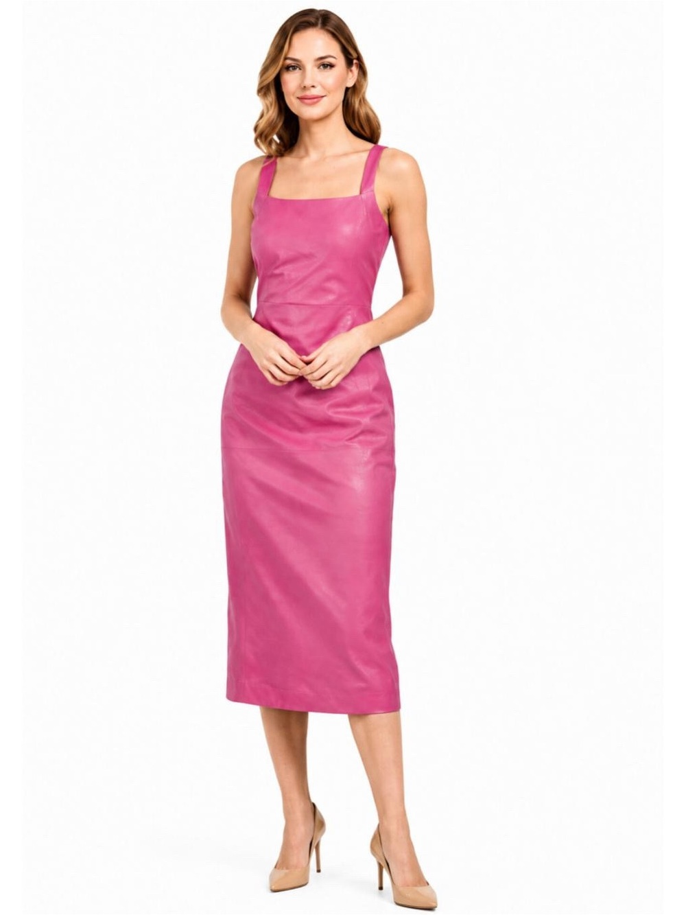 NWT Bod & Christensen Dina Pink Leather Midi Dress